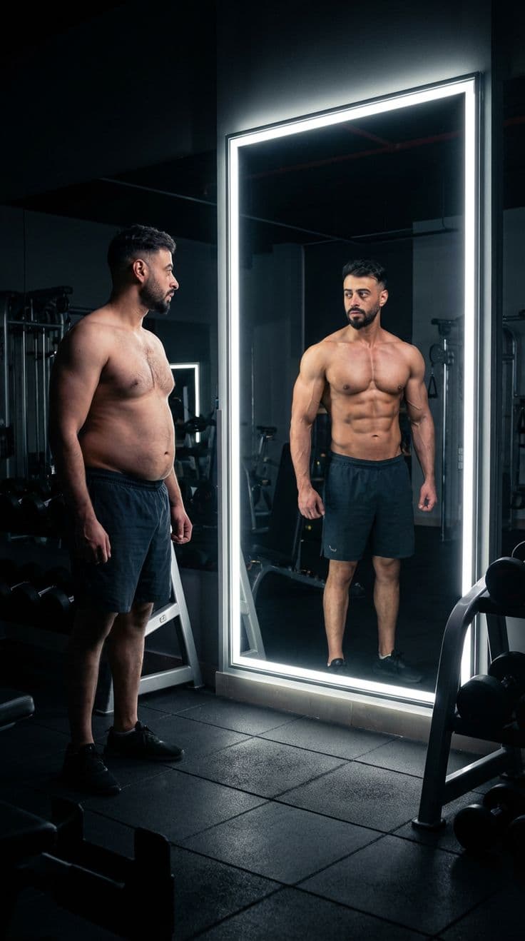 A lifter facing his own transformed reflection in a lit gym mirror